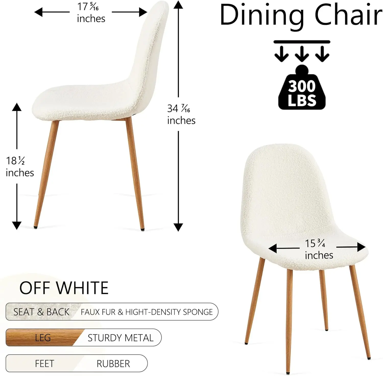 Modern Dining Chairs Set of 4, White Faux Fur Kitchen Chairs, Upholstered Side Chairs with Faux Wood-Grain Metal Legs