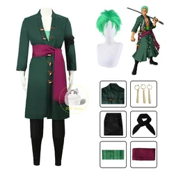 Anime Roronoa Zoro Cosplay kotuum Uniform Groene Jas Riem Broek Hoofddoek Roronoa Zoro Pruik Oorbellen Halloween Mannen Kleding