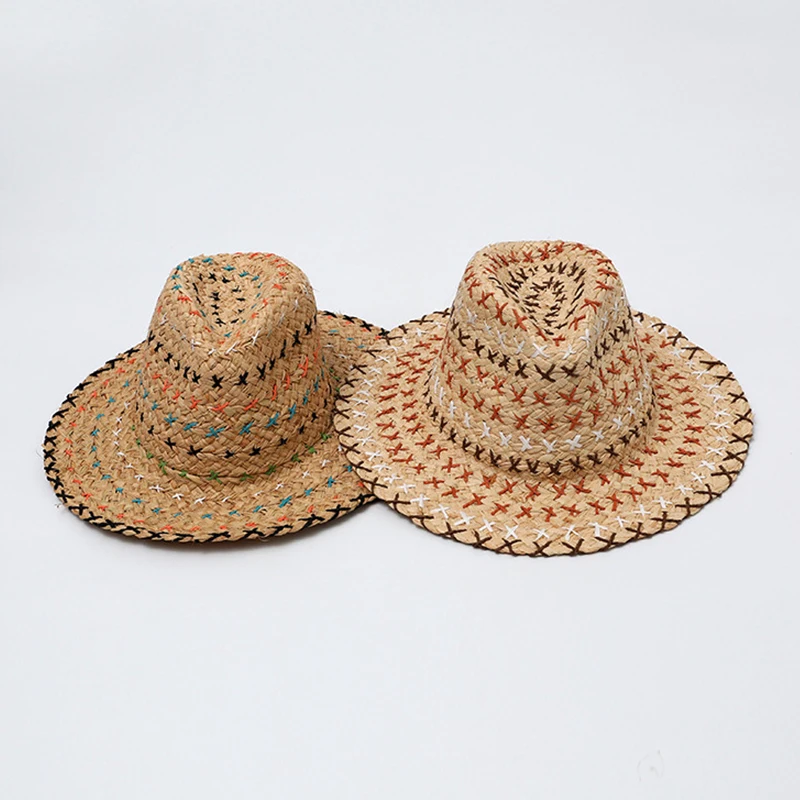 Handwoven Raffia Straw Hat For Women Summer Sun Protection Hand-Stitched Jazz-Style Denim Hat Color-Blocked Beach Hat Vacation