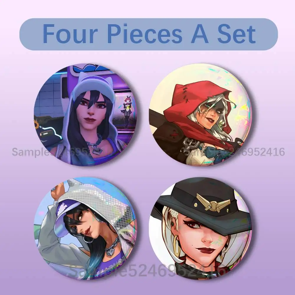 

A-Ashe O-Overwatch Game 4 Pieces Set Badge Set Fashion Brooches for Women Men Backpack Accessory Bag Badge Jewelry Gift