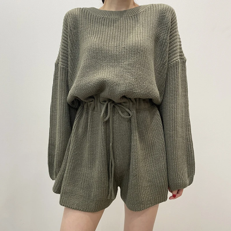 Chic Retro round Ne Bal Gathered Waist Long Sve Knitted  Women's Suit High Waist Wide Leg Pants