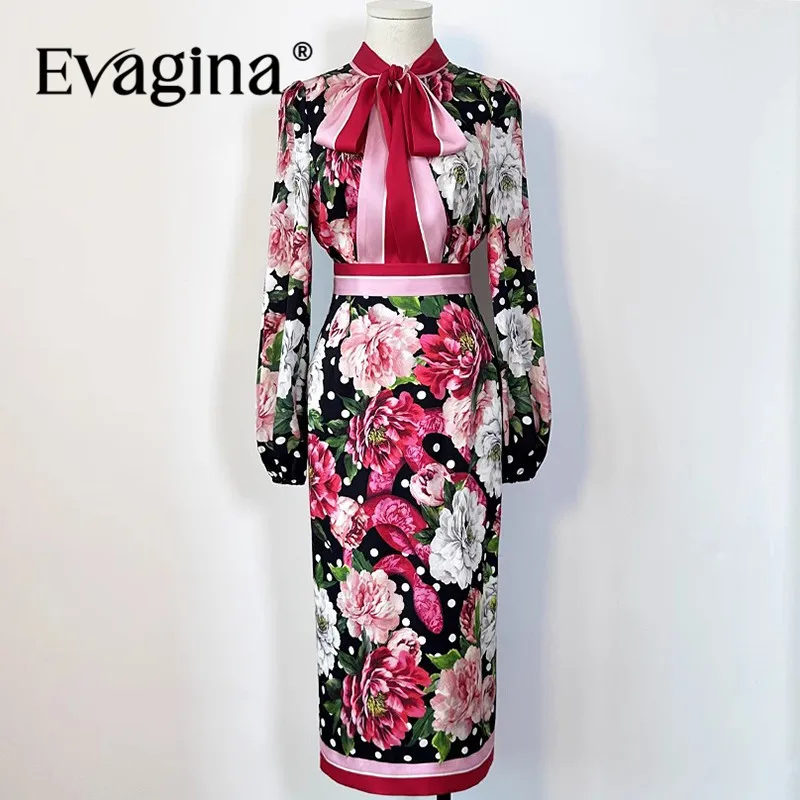 

Evagina Spring and summer New Women's Suit Scarf Collar Long-Sleeved Tops+ Slim-Fit Hip Wrap Half Skirt Silk Print 2-piece set