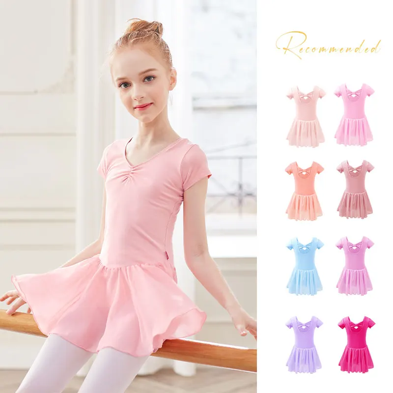 Girls Bowknot Kids Camisole Dance Leotards Chiffon Skirt Ballet Leotard Dress With Lining Dress Gymnastics Leotard