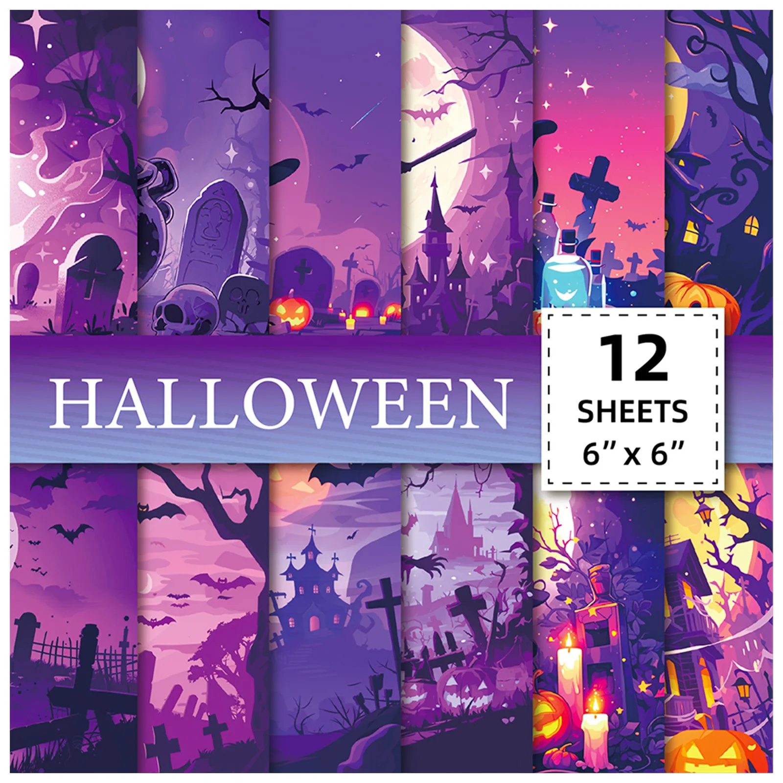 12sheets Vibrant Halloween Scrapbook Paper Pad,6x6Inch Single-Sided Decoupage Paper for DIY Crafts,Journaling,Scrapbook Supplies