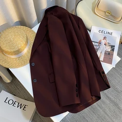 SuperAen 2024 Autumn New Solid Color Burgundy Blazer for Women Casual Korean Style Loose Notched Long-sleeved Blazer