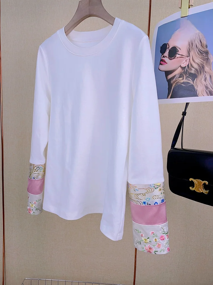 

New Chinese Style Embroidered Patchwork White Long Sleeve T-Shirt Women's Autumn New Fashion Inner Wear Base Shirt Top