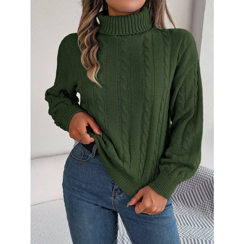 Damen lässig solide Drehungen Langarm High Neck Pullover Herbst und Winter personal isierte Street Woman Mode Strick pullover