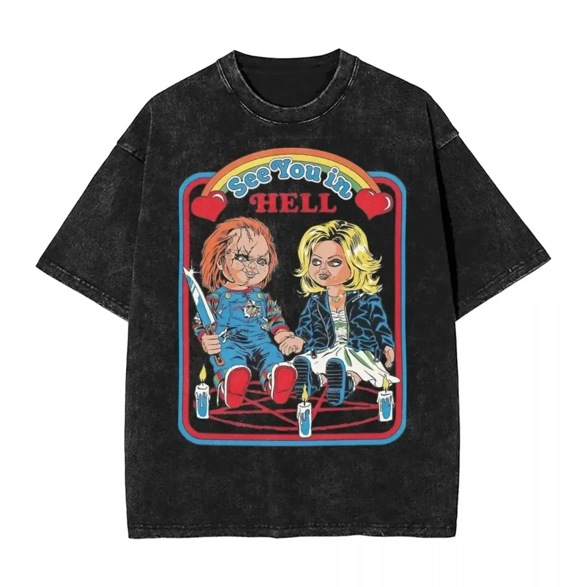 Camiseta lavada de Chucky y Tiffany de terror para hombres y mujeres, camisetas informales We're Goin Killing de Halloween, camiseta de playa, camisetas de gran tamaño