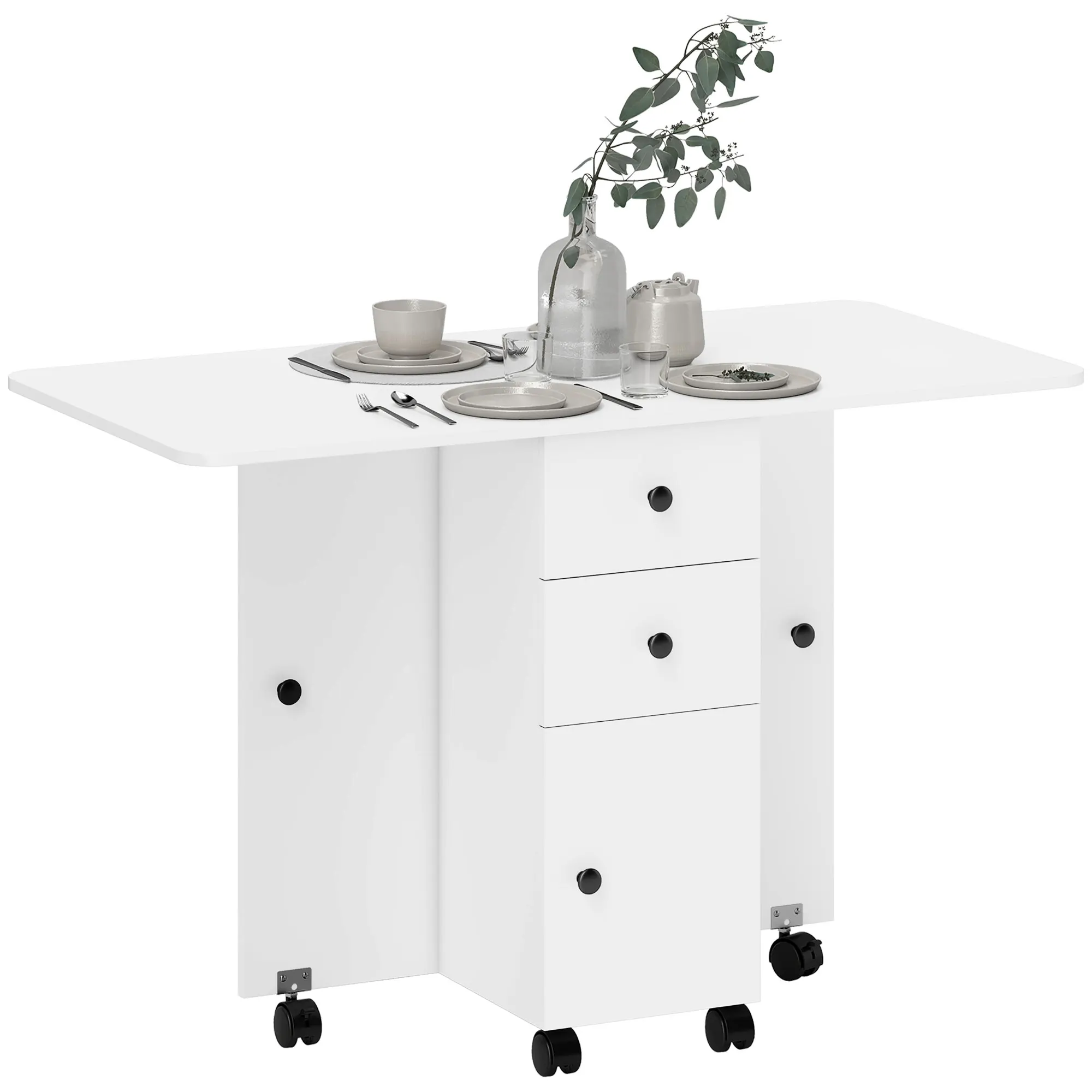HOMCOM Mesa Comedor Plegable con Ruedas Alas Abatibles 2 Cajones 120x60x76,5 cm