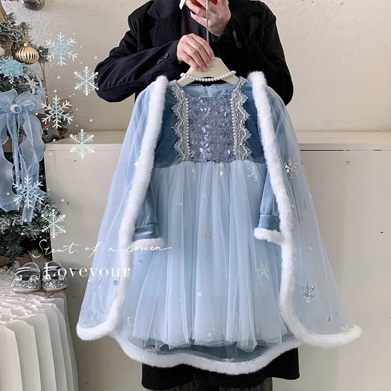 

Children Girl Winter Two Piece Set Snowflake Applique Thick Plus Fleece Toddler Girl Princess Dress+hooded Mesh Kids Girl Cloak
