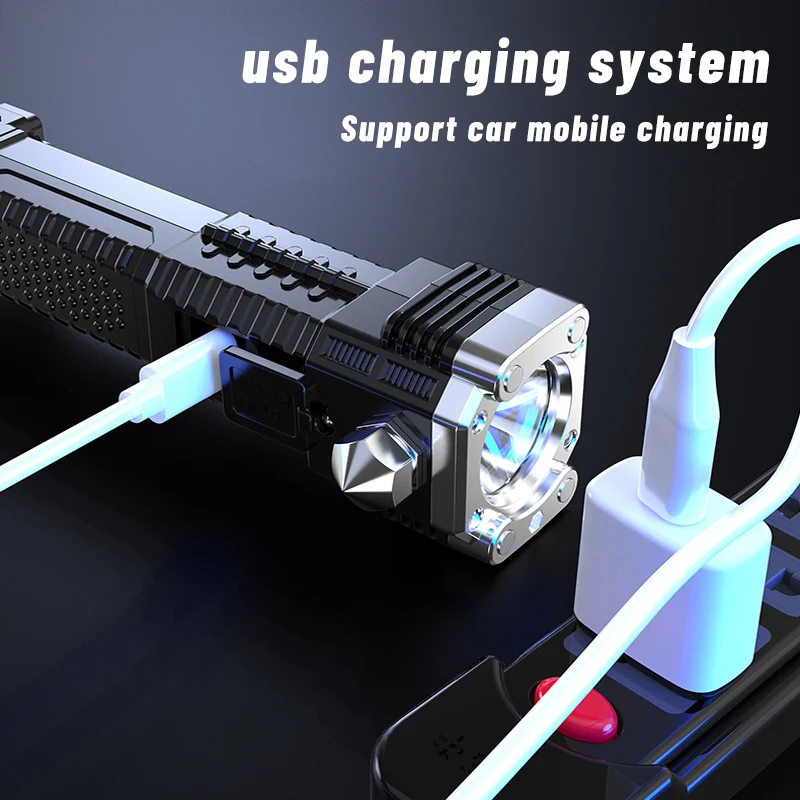 High Power LED Flashlight With Hammer Self Defense Rechargeable C Type Torch Light Lantern Power Bank For Camping Fishing