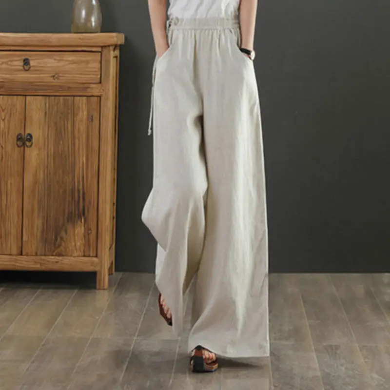 Slim Wide Leg Cotton Linen Trousers High Waist Commuter Sle Korean Simple Design Summer Casual Pants for Women