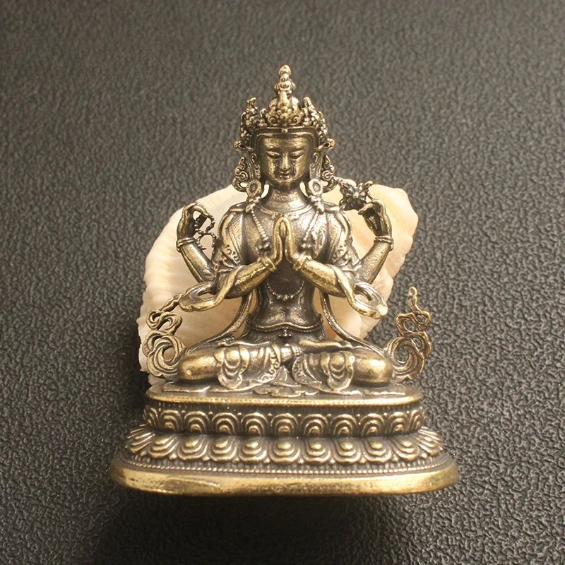 Pure Brass Four Arm Guanyin Ornament Decorative Desktop Crafts of Bodhisattva Buddha Statues Bronze Ware in The Buddhist Temple