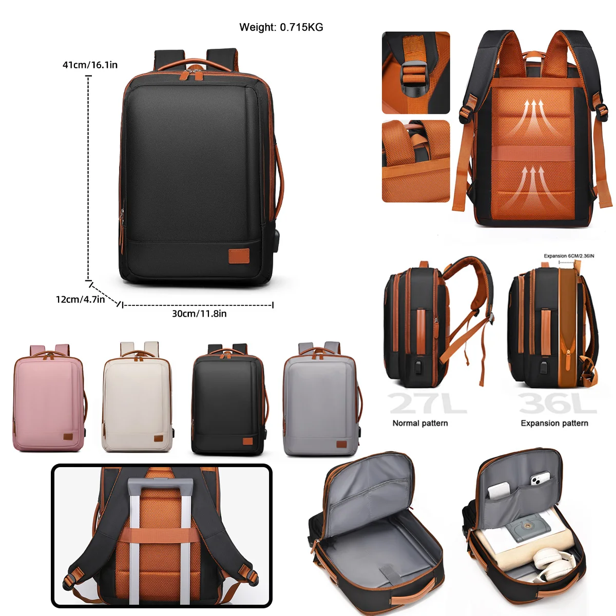 Mochila de viaje de gran capacidad 41*30*12 expandible 6cm con compartimento para computadora para hombres y mujeres mismo bolso de equipaje