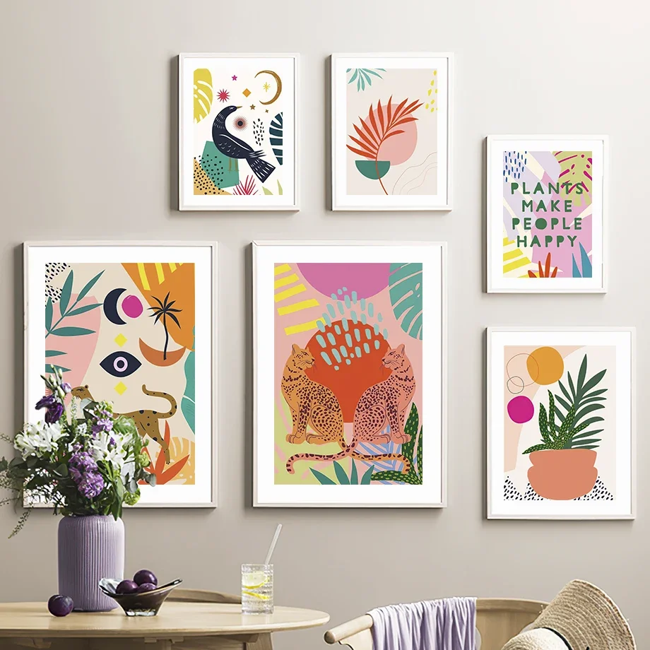 

Boho Leopard Bird Plant Leaves Abstract Wall Art Canvas - Modern Nordic Living Room Decor Poster Print