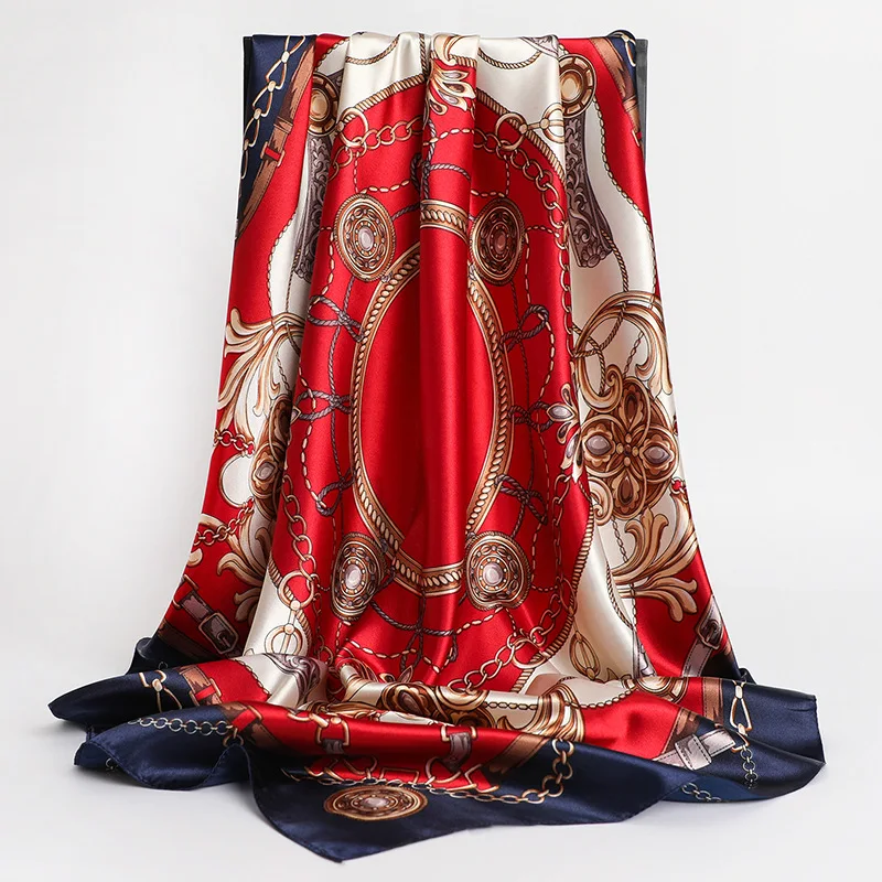 Luxus Marke Platz Silk Schal Frauen Satin Druck Hijab Schals Muslimischen Pareo Bandana Weibliche Schal Wrap Stirnband Foulard 90*90 cm – Detail 7