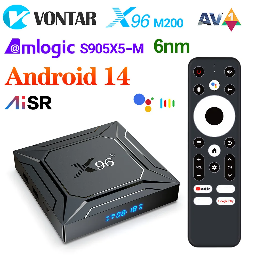 X96 M200 TV Box Android14 Amlogic S905X5M رباعي النواة ARM Cortex A55 دعم AI-SR AV1 4K ULTRA HD 1000M LAN Wifi BT Set Top Box
