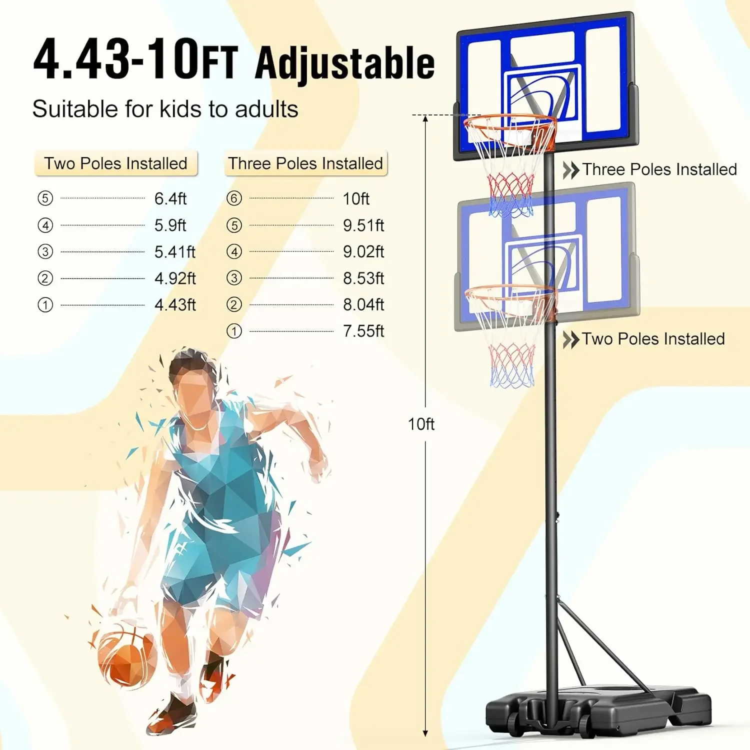 Adjustable Basketball Hoop Outdoor 10FT, Basketball Portable Hoops & Goals, 44 Inch PC Backboard, for Kids, Youth, and Ad