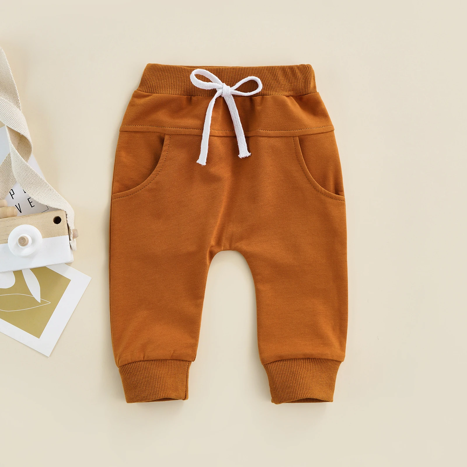 2022-04-06 Lioraitiin 0-3Years Newborn Boys Girls Trousers Elastic Waist Adjustable Drawstring Plain Loose Fit Long Pants