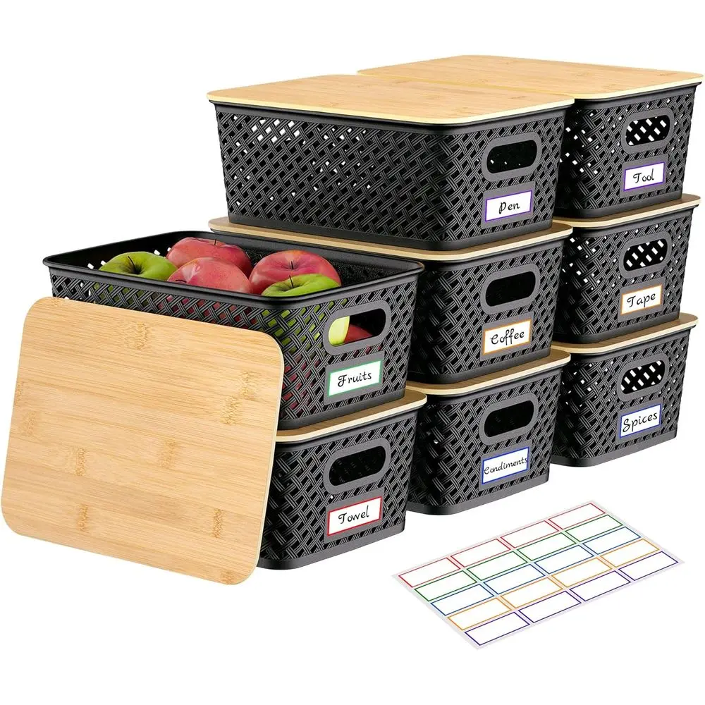 

8 Packs Plastic Storage Bins with Bamboo Lids - Stackable Storage Bins Decorative Small Basket Containers for Organizing Shelves