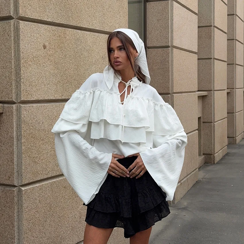 

Женская осенняя рубашка на шнуровке, однотонный воротник-стойка, расклешенные рукава, женская блузка с рюшами, дышащая рубашка в корейском стиле для женщин