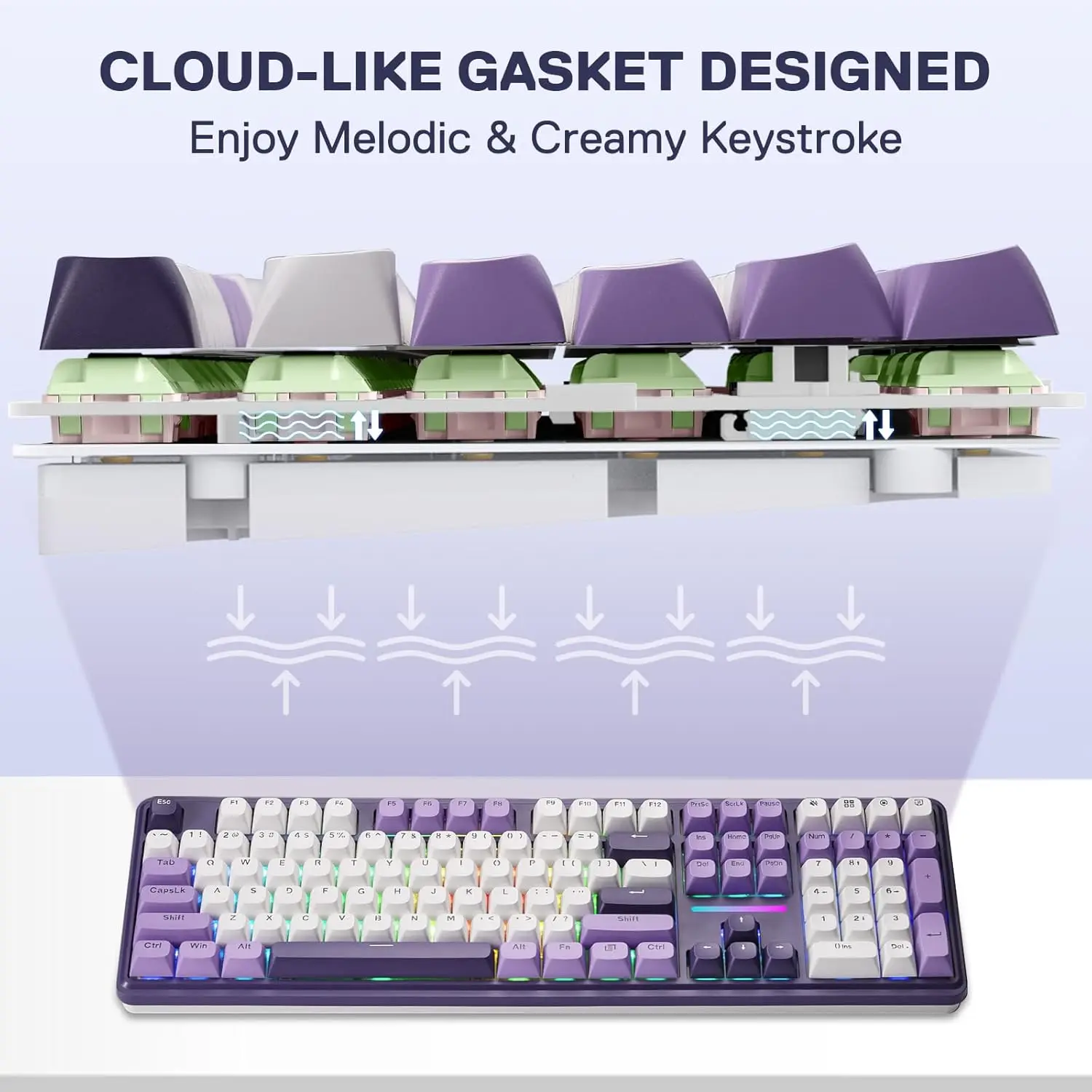Redragon Wireless Gasket RGB Gaming 108 Keys Mechanical Keyboard,Hot-Swap South-Facing LED Socket,,Mint Mambo Switch