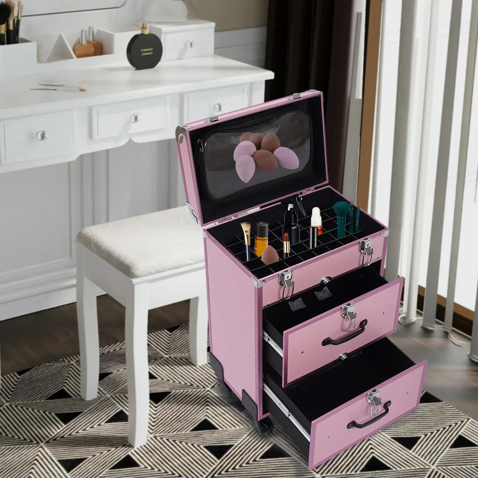 

Universal Wheel Trolley Nail Art and Embroidery Cosmetic Case - Pink Rolling Makeup Train Case with Drawers Professional Cosmeti
