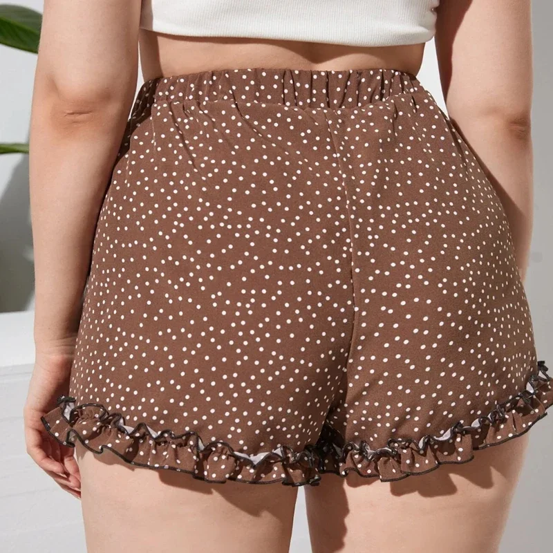 Plus Size Elastische Taille Elegante Polka Dot Shorts Vrouwen Ruches Sla Trim Hoge Taille Rechte Strandshort Dames Grote Maat 7xl