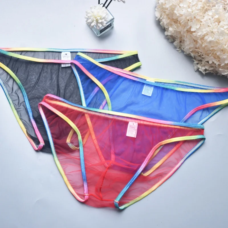 

Sexy Ultra-Thin Men Rainbow Edge Mesh See Through Briefs Low Waist Transparent Pouch Panties FKK Party Club Private BF