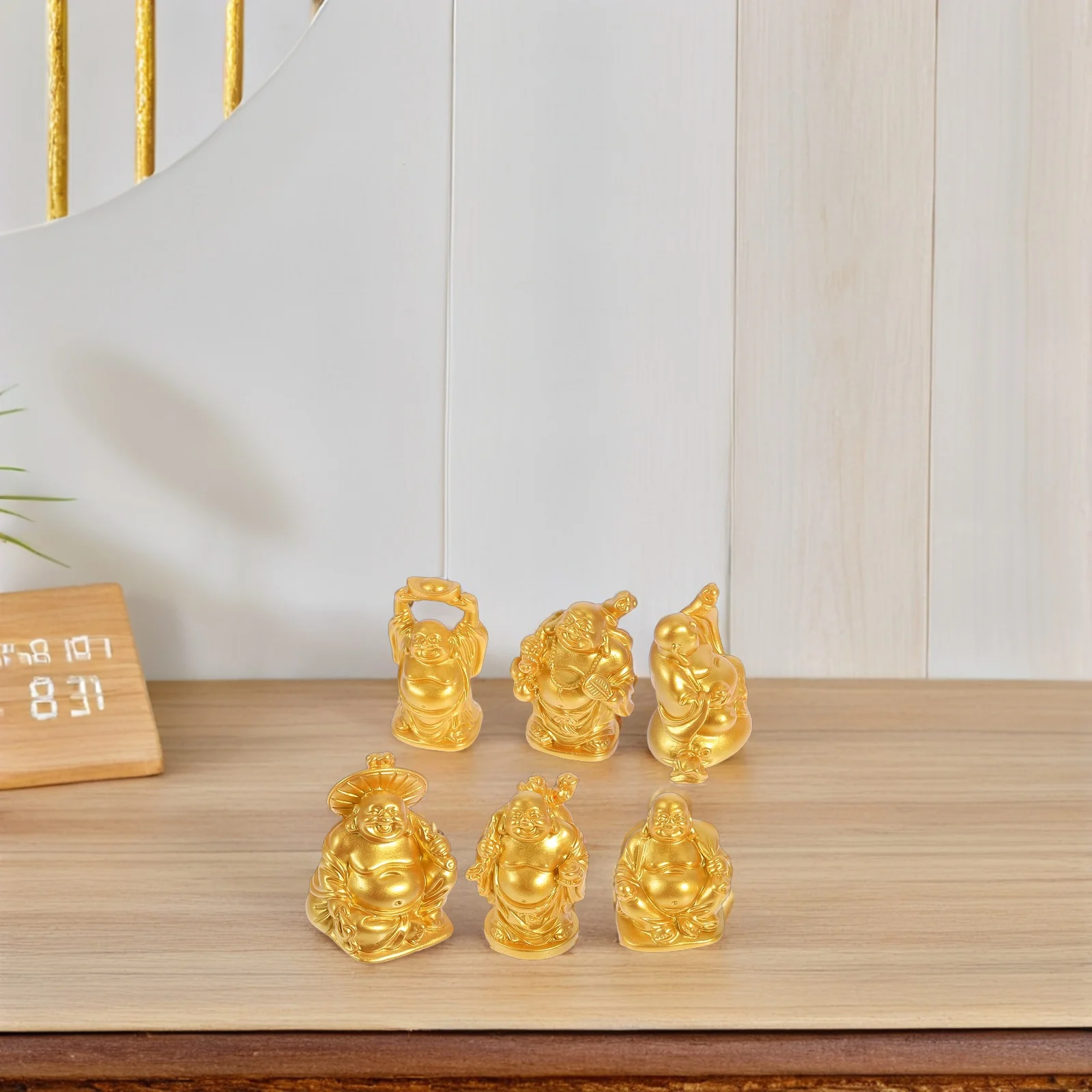 

6 Pcs Smiling Buddha Statue Gods Figure for Desk Decor Maitreya Gold Laughing Figurines Home Resin Statues