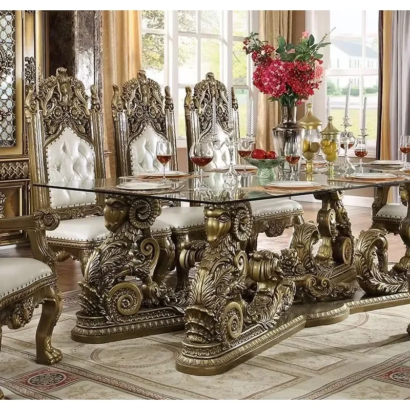 #Classic Italian Style Wooden Dining Table Antique Hand Carved Glass Top