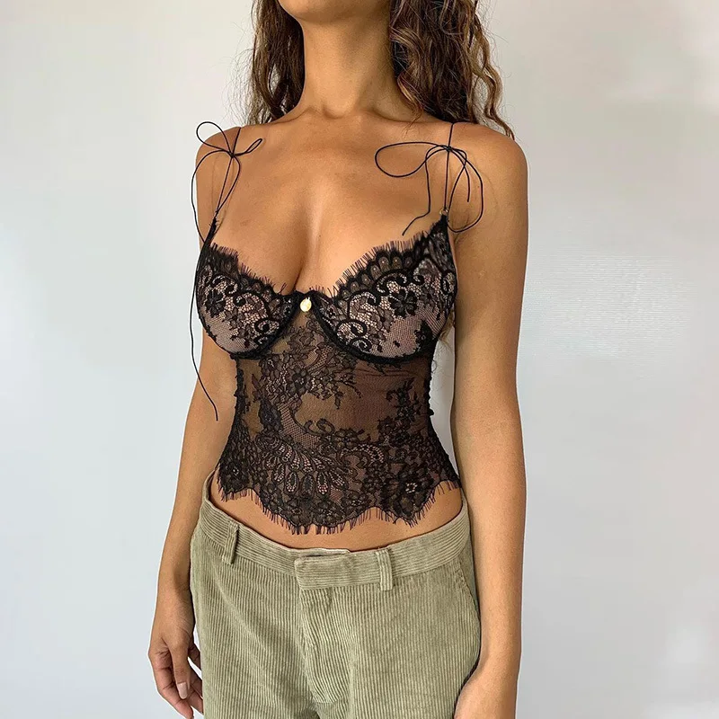 New Chic Women Lace Straps Bustier Top Sexy Sweetheart Neck Sheer Floral Lace Ruffled Hem Slim Corset Summer Party Vacation Wear