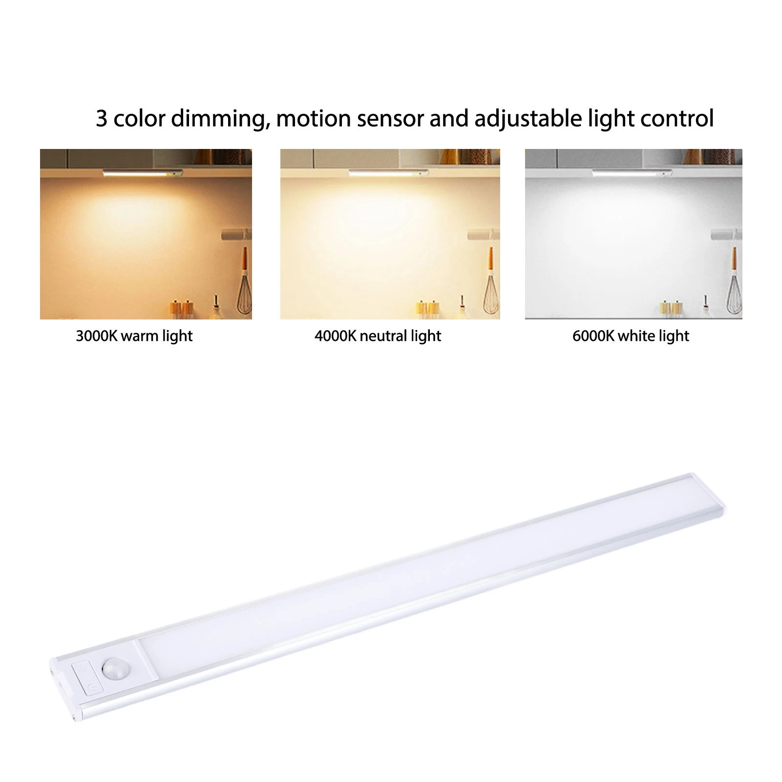 Luz LED con Sensor de movimiento para debajo del armario, tira de luz regulable de 3 colores, con batería recargable, para cocina y escaleras, ZK40