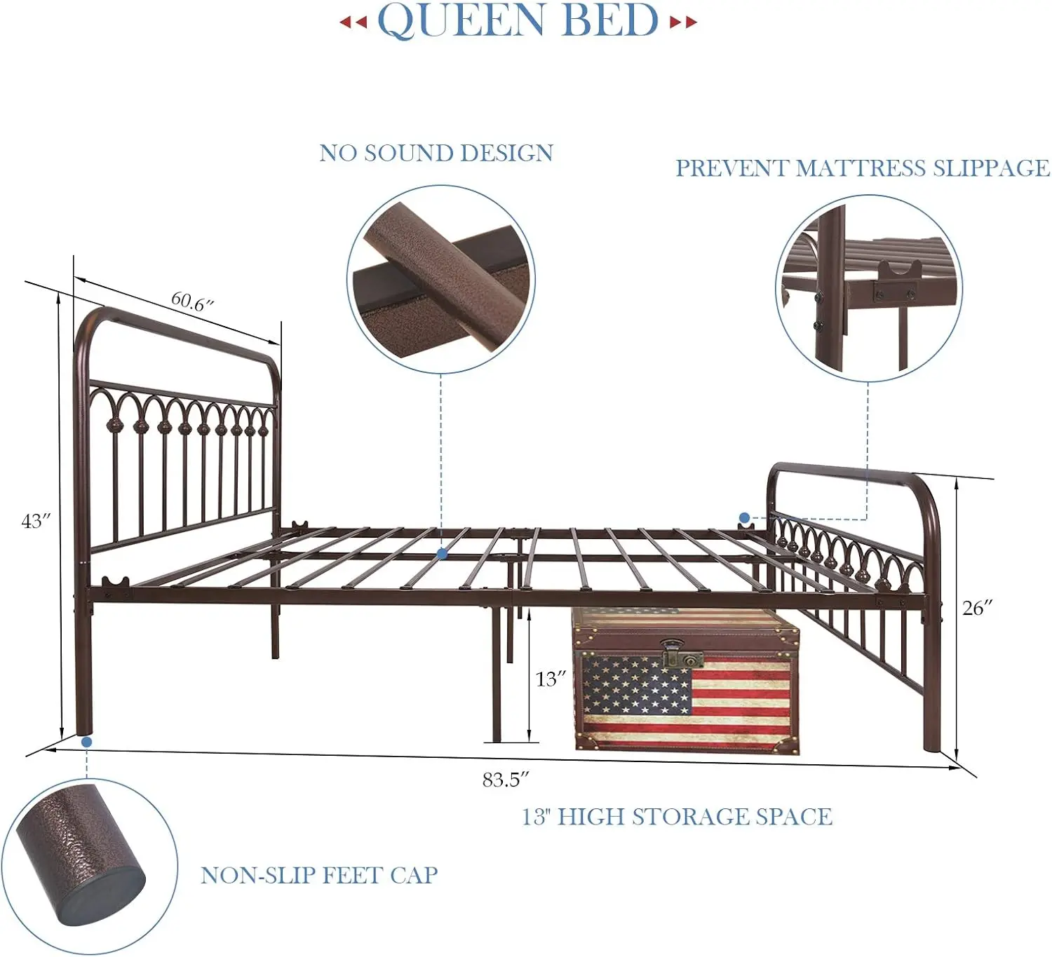 YALAXON Vintage Sturdy Queen Size Metal Bed Frame with Headboard and Footboard Basic Bed Frame No Box Spring Needed