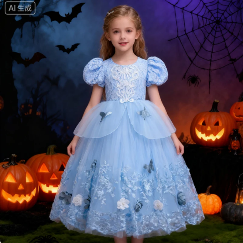 

Girls Princess Dress Blue Flower Embroidery Gown Halloween Costume Girl Wedding Birthday Party Carnival Cosplay Girl Costume