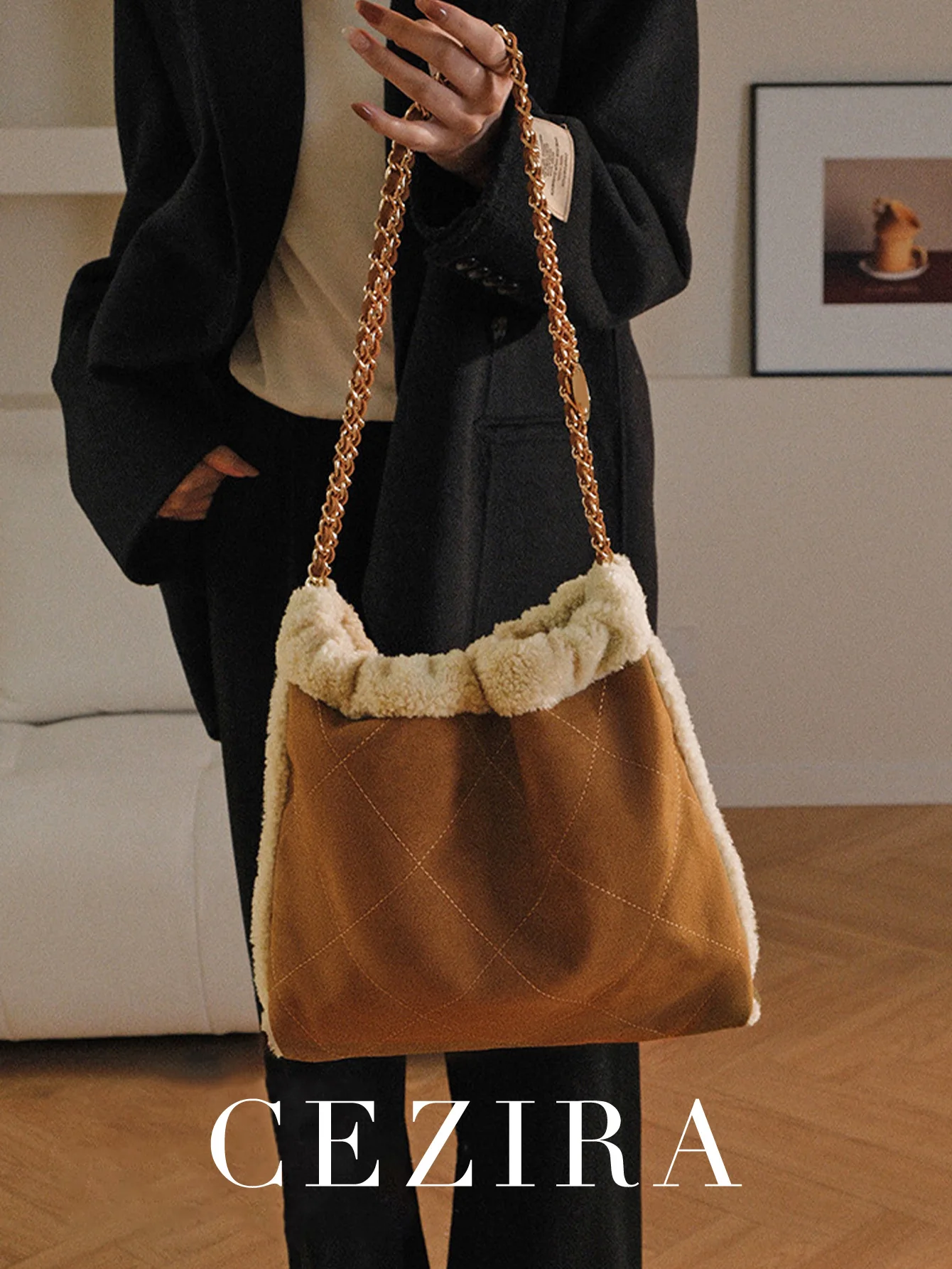 الشتاء المرأة أزياء كبيرة حقيبة كتف عادية فو أفخم مبطن Argyle الموضوع سلسلة حزام حقيبة يد التنقل السفر #2