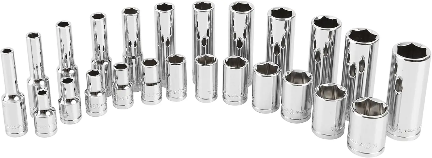 Metric Socket Set, 1/4 Inch Drive, 24-Piece Chrome Vanadium Steel Deep & Shallow Sockets with Tray for Auto Repair, HVAC