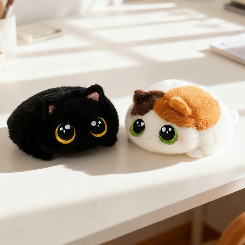Cute Round Cat Plush Toy 3 Styles Soft Fluffy Kitten Stuffed Animal with Big Eyes for Stress Relief and Gifts.