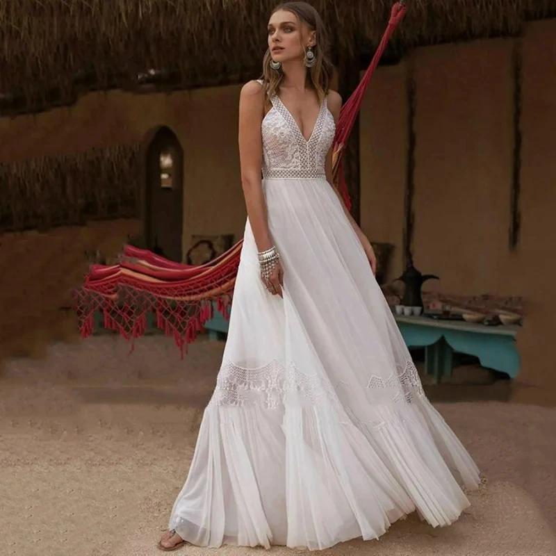 Vintage Bohemia Wedding Dresses Chiffon With Embroidery A-Line Bridal Gowns Sleeveless Backless Robes Vestidos De Novia 2024