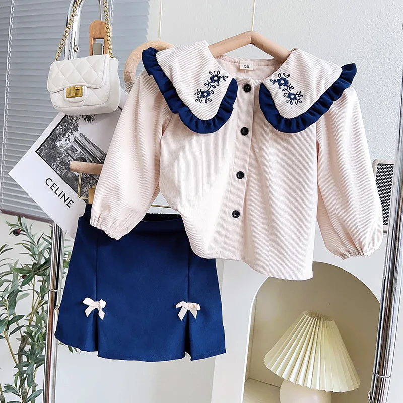 Korean Version Summer New College Style Lapel Single Breasted Top+bow Pleated Skirt Two-piece Set  Girls' Casual Suit