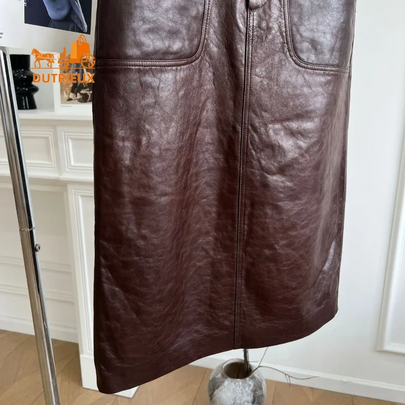 Mittellanger, hoch taillierter, hüftumwickelter A-Linien-Rock für Damen im Herbst und Winter, edler und femininer Rock aus 100 % echtem Schaffell