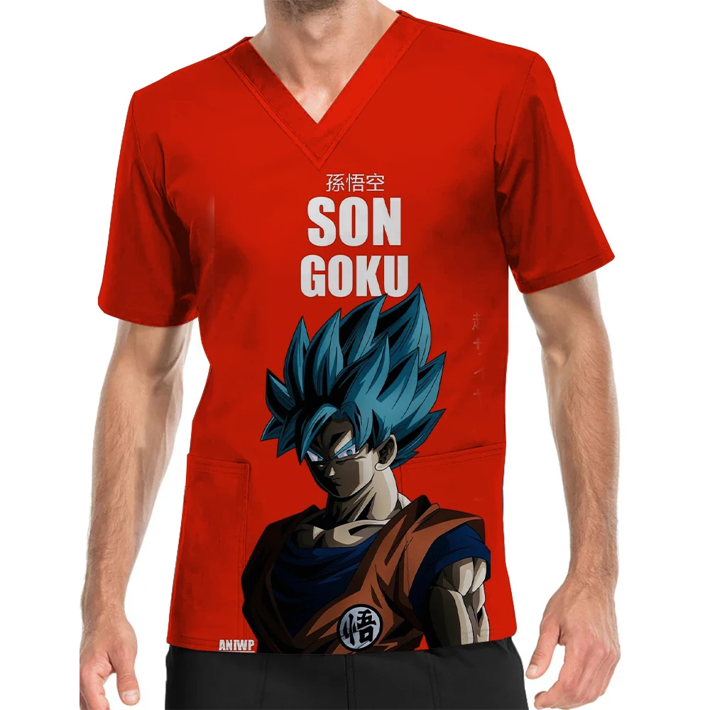 Summer Men's Short Sleeve V Neck Top Children's Center Work Clothes Dragon Ball Series Printing Pet Shop Work Uniform