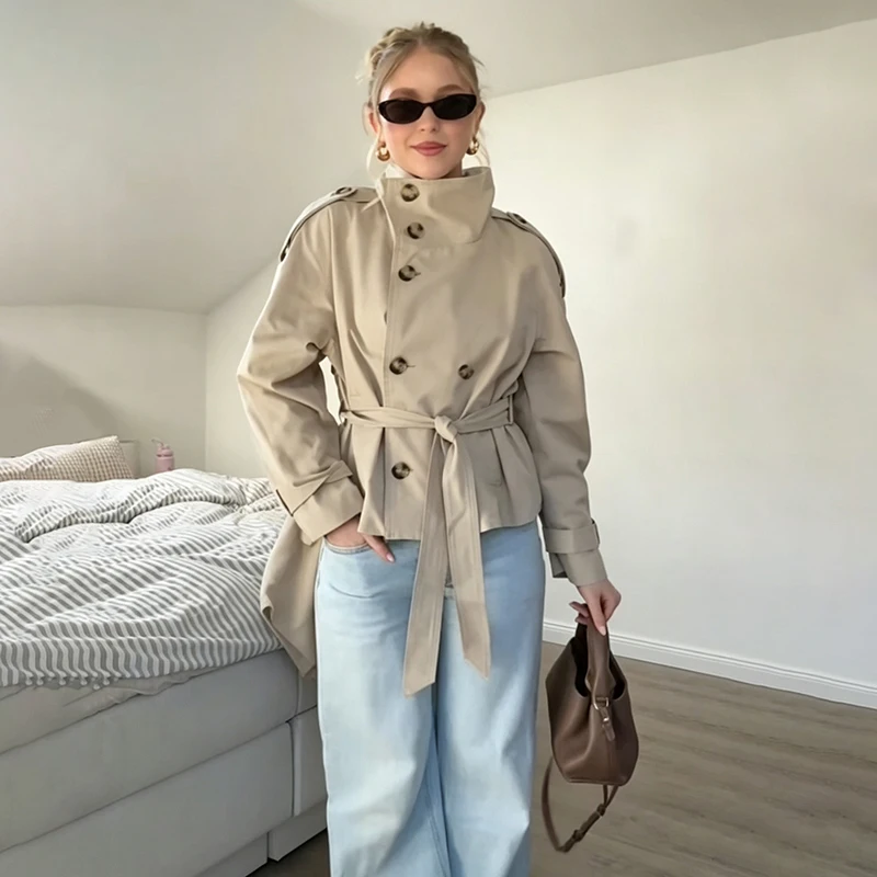 Minimalist Cropped Trench Jacket Buttons Waist Belt Classic Vintage Relaxed Women Coats Autumn Elegant Fashion Outerwear