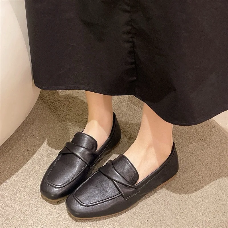 Genuine Sheepskin Leather Loafers Women, Square Toe Flat Slip On Driving Moccasins, Soft Comfortable Casual Shoes