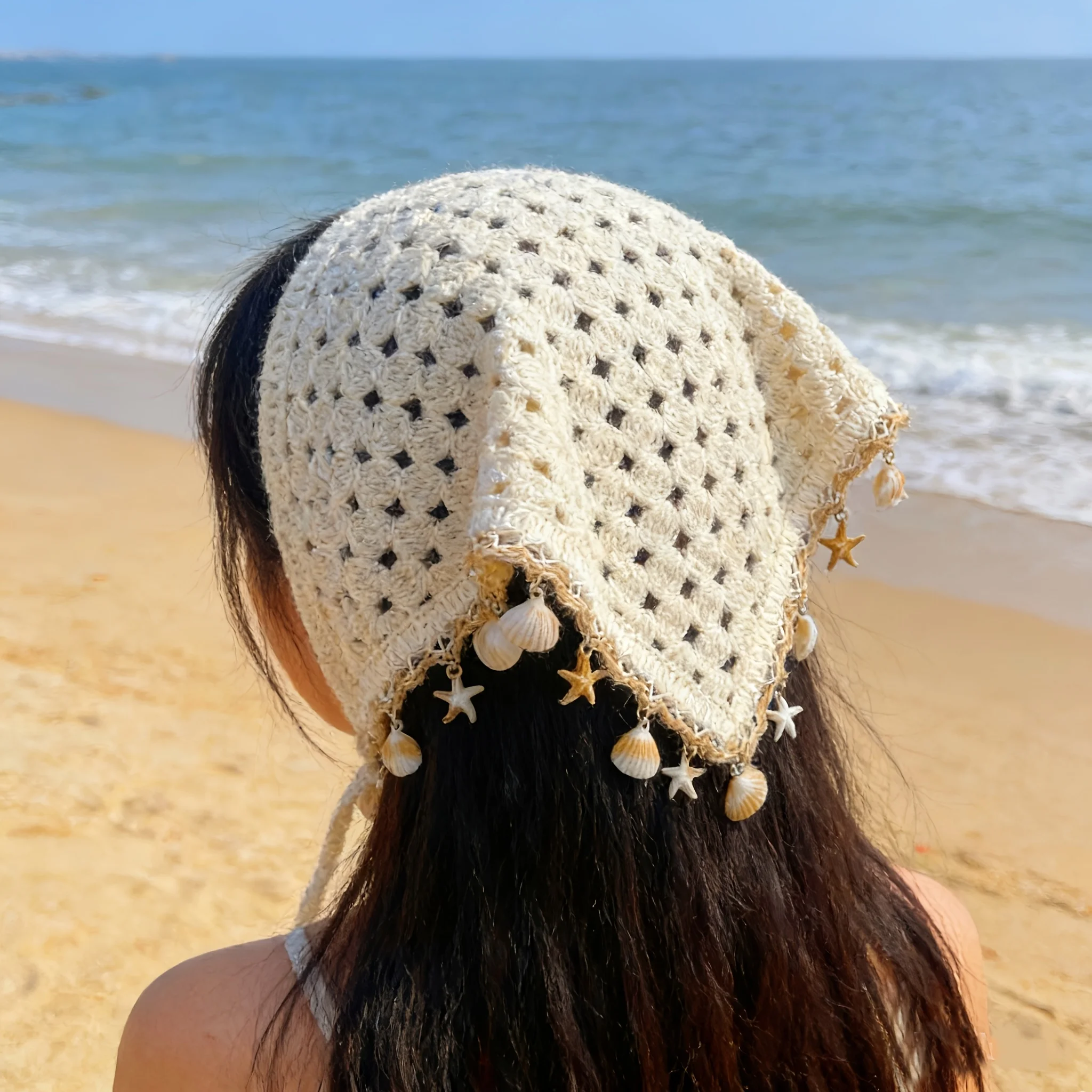 

1 Piece Shell Tassel Style Headwear, Shell Tassel Pendant Headwrap, Spring and Summer Bohemian Hollow-Out Versatile Knit Pullover Hat