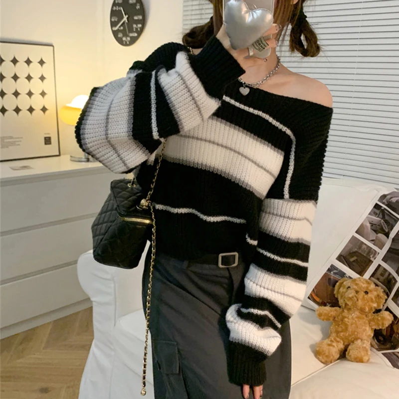 Women Striped Jumper Vintage Female Autumn Long Sleeve Casual Cropped Sweater