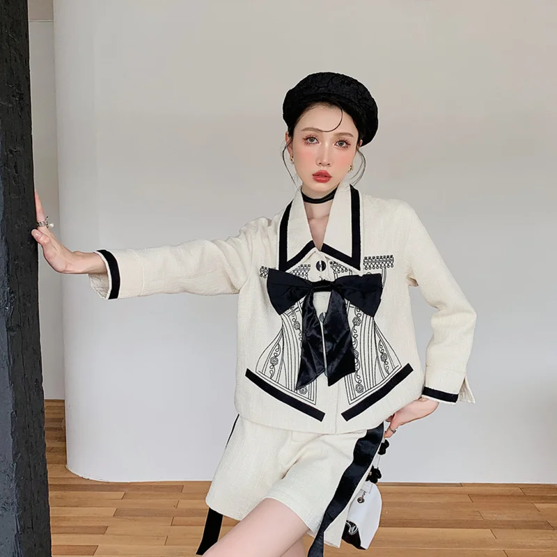 2023 Spring Summer Women's Clothing Coat French Simple Lapel Bow Contrast Color Top with Design High Waist Shorts Two-piece Set