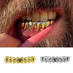 YOUNGX Punk Glossy 8 Bottom Teeth Grillz Caps Black Silver Color Tooth Grills For Women Men Jewelry Halloween Dental Grills
