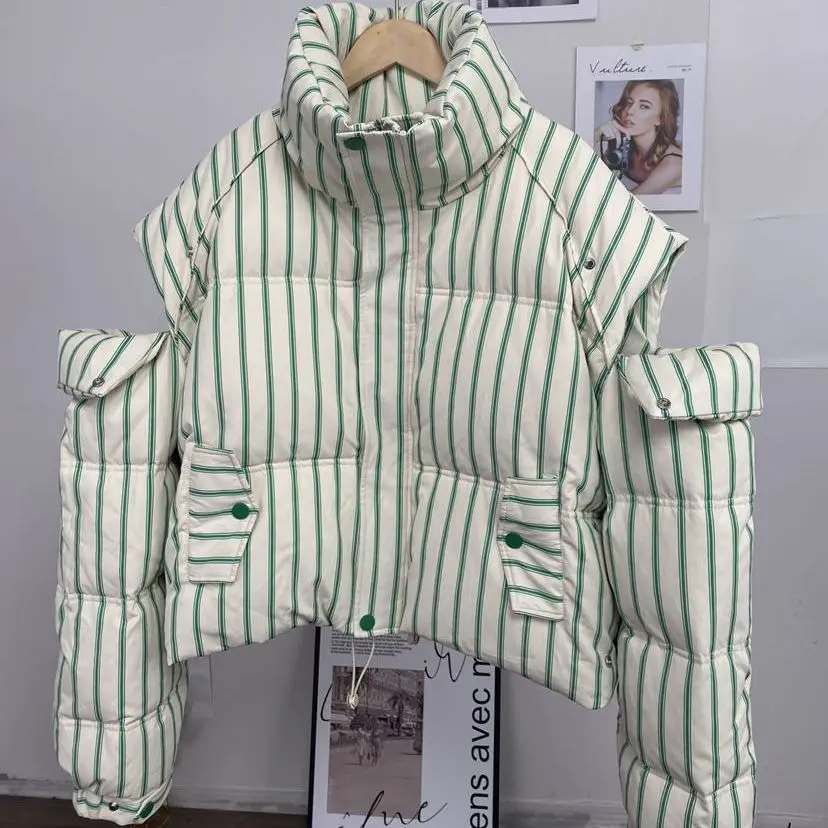 

Женские хлопковые стеганые куртки в зеленую полоску с воротником-стойкой, шикарный дизайн, пальто с длинными рукавами, новинка зимы 2025 года, плотная теплая верхняя одежда