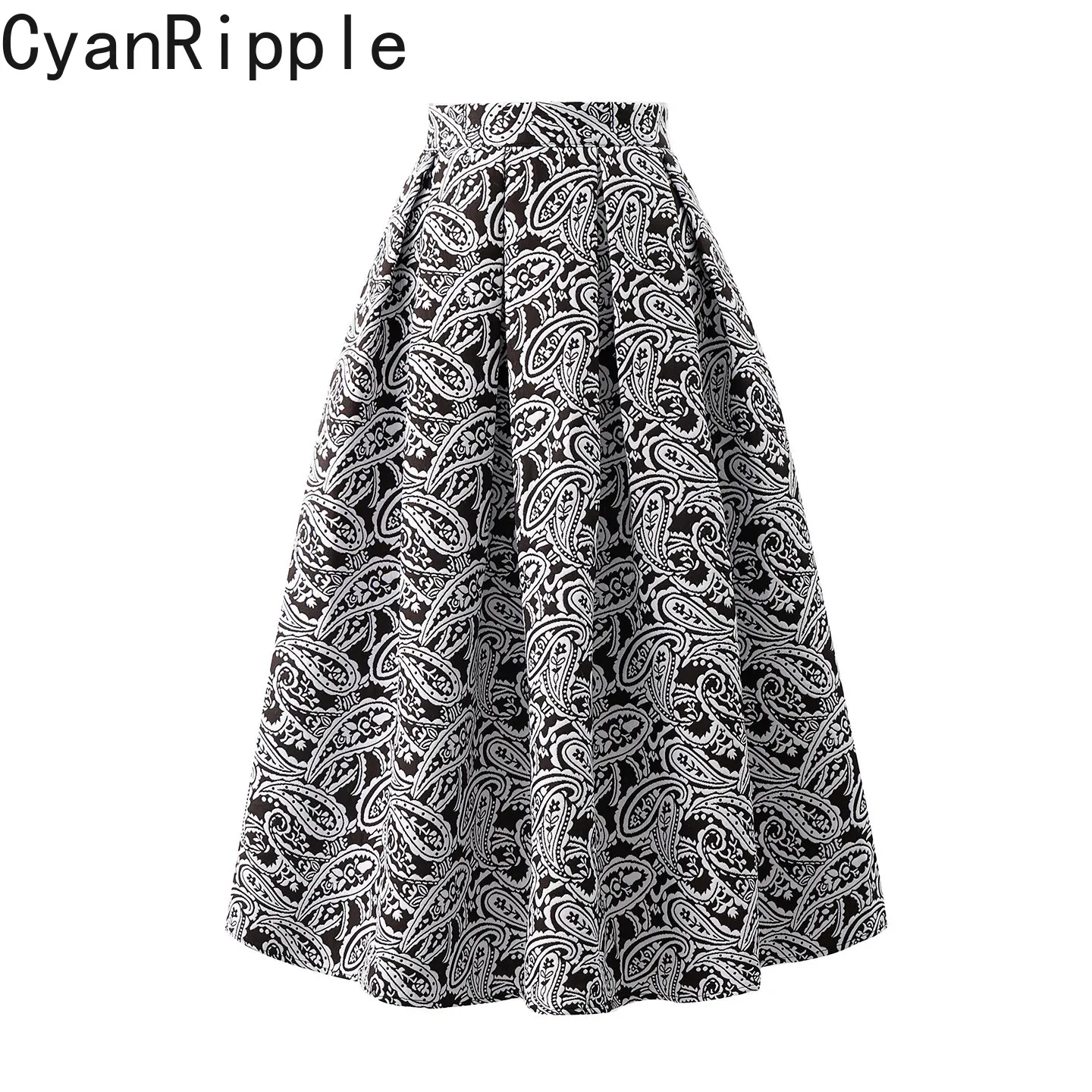 High Quality Vintage Jacquard Embroidery Mid-length Women Skirt Elegant Spring Autumn High Waist Elegant Lady A-line Puffy Skirt